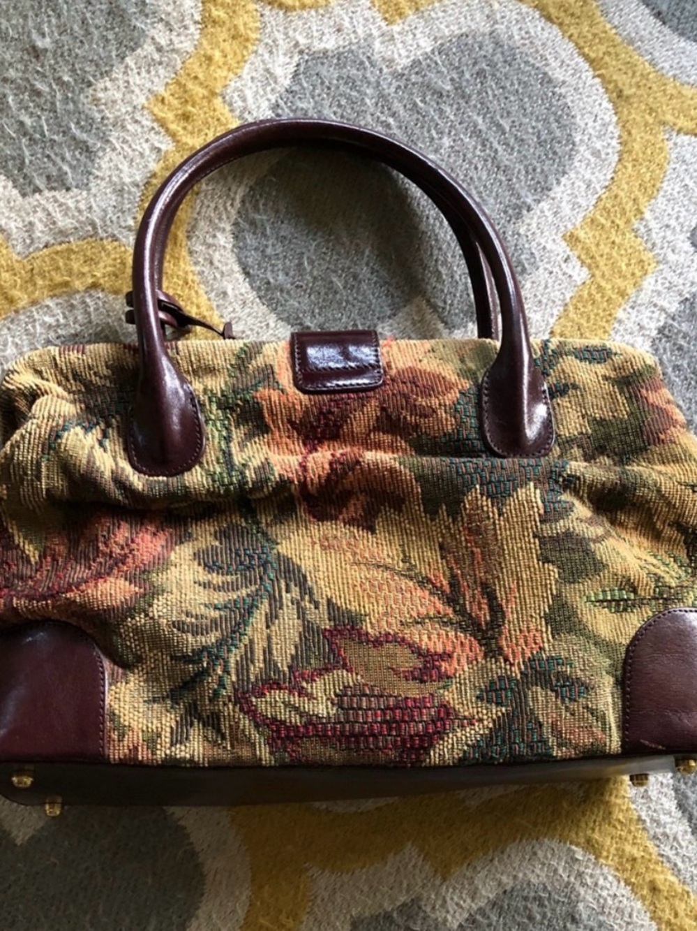 Brahmin Floral Tapestry Satchel with Brown Leather Trim